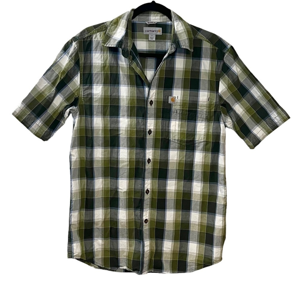 Carhartt Mens Small Green Plaid Short Sleeve Button Up Shirt